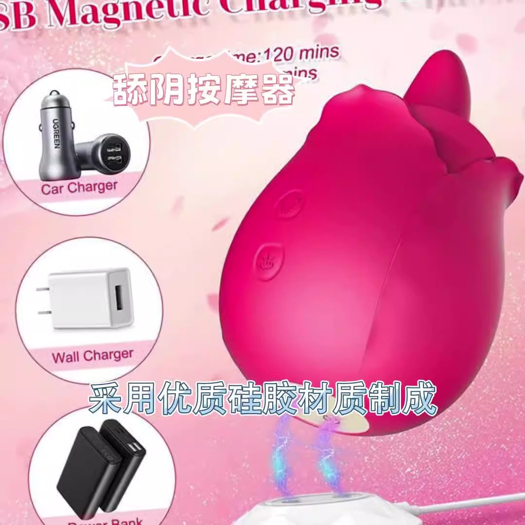 Double Dose- 3 in 1 Licking, Sucking and Pumping Rose Toy Vibrator- Red