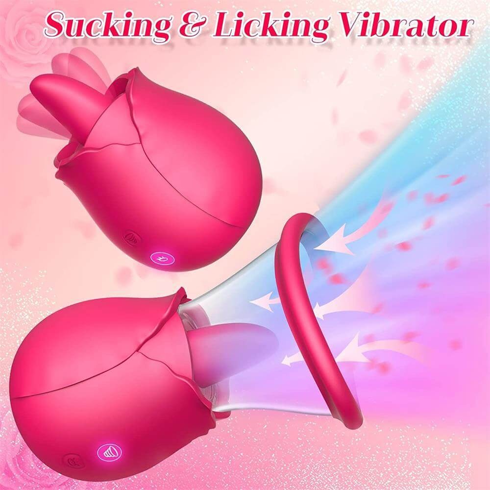 Double Dose- 3 in 1 Licking, Sucking and Pumping Rose Toy Vibrator- Red