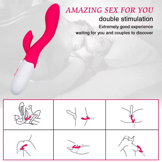 Pink and white sexual product with text about double stimulation on a gray background.RIDING SOLO RABBIT VIBRATOR - ROSE- BELLE EXOTICS-TRINIDAD AND TOBAGO-Discover Pleasure and Style with Belle Exotics Vibrator Collection - Empowering Intimacy in Trinidad and Tobago, Jamaica, Barbados, Guyana, Bahamas, USA, and Canada