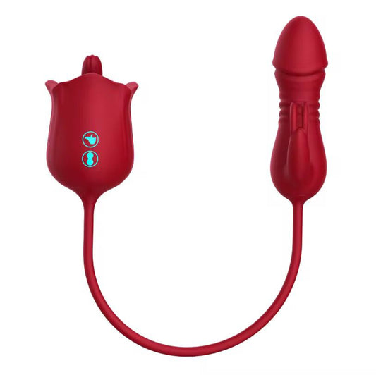 Carnation - 4 in 1 Thrusting & Licking Rose Toy Vibrating Panty- Red