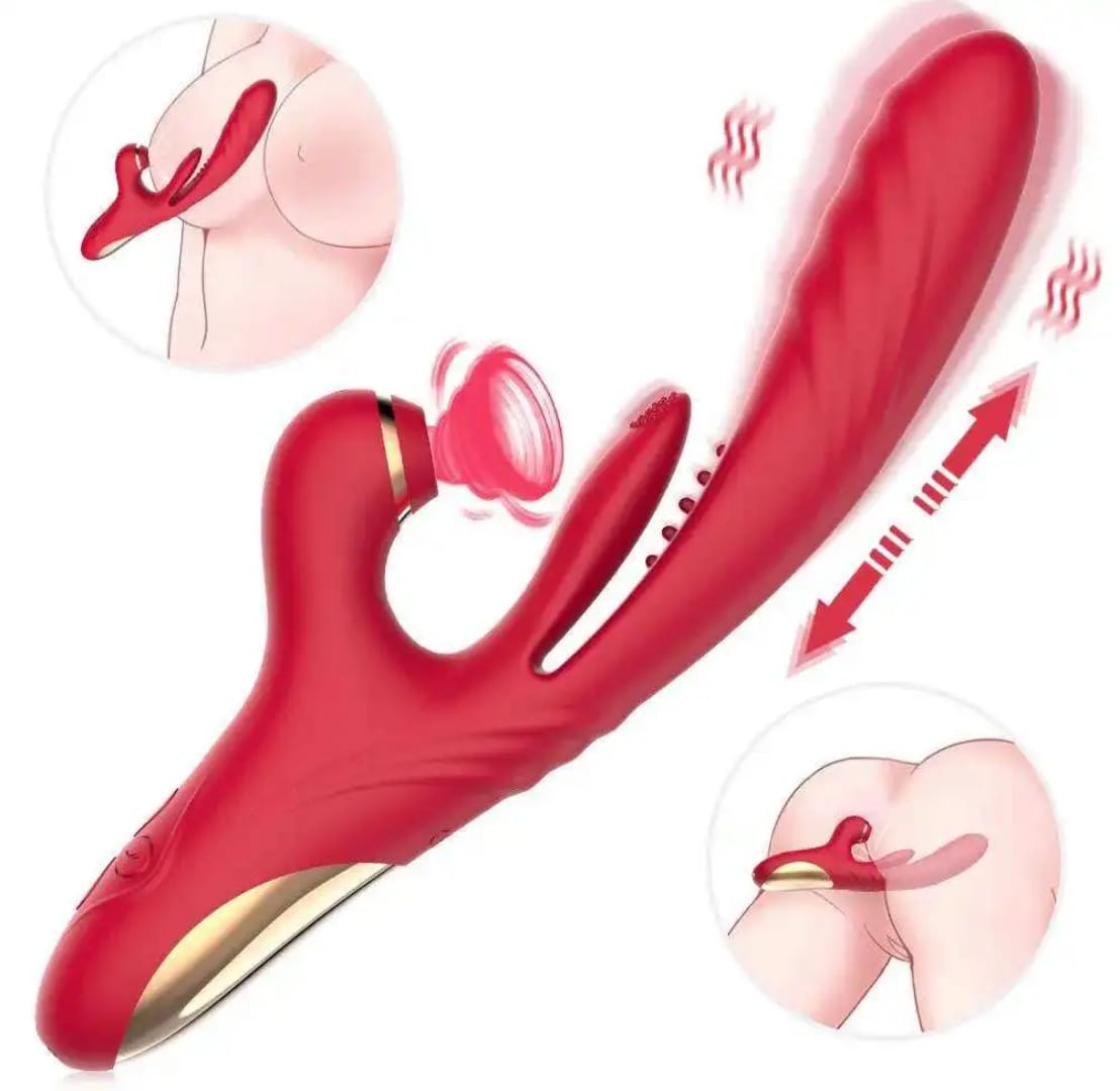 Belle Exotics Enterprises Limited MAJESTIC- 3N1 THRUSTING SUCKING AND VIBRATING RABBIT- RED. Enjoy the convenience of our waterproof and multi-speed vibrator, providing stimulating sensations for both the G-spot and Clitoris.