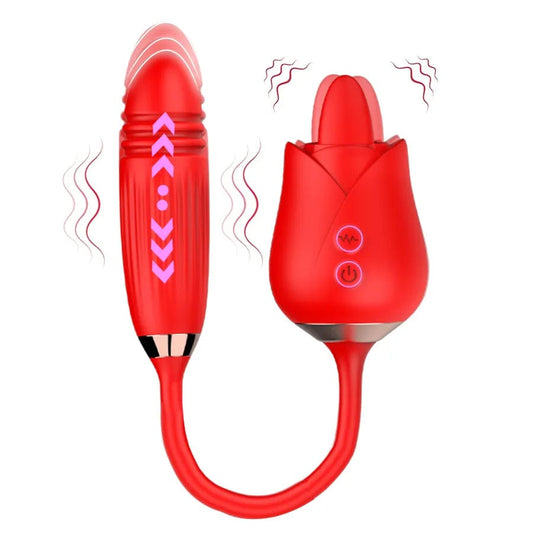 Belle Exotics VIBRATORS SANGRIA - 4 IN 1 THRUSTING & LICKING ROSE TOY VIBRATING PANTY- RED