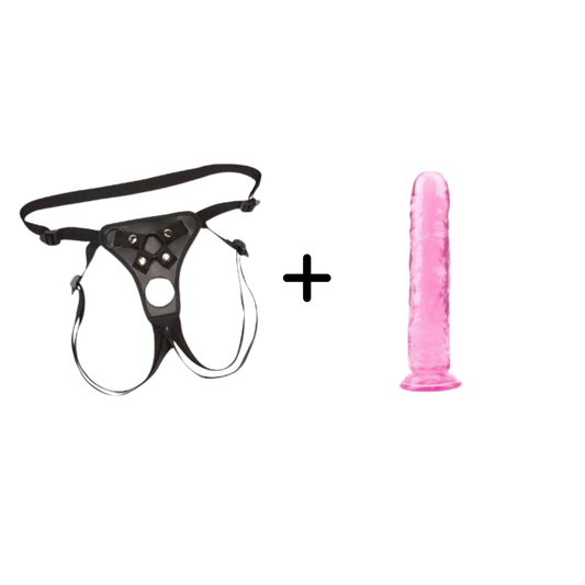 The Dual Entry Kit- Double Hole Strap-on Harness and Soft Jelly Dildo- Medium