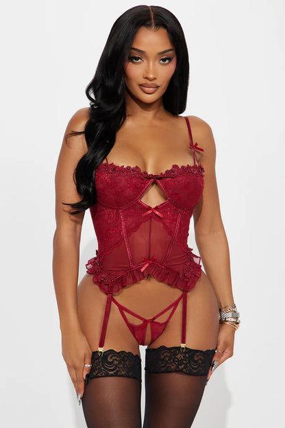 Love Letter- 3 Piece Lace Corset Set- Wine Red