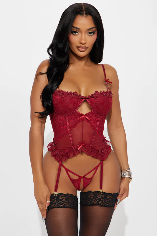 Love Letter- 3 Piece Lace Corset Set- Wine Red