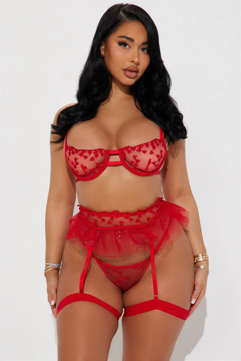 Wild Dreams- 5 Piece Garter Set- Red. Elevate your allure with Mi Amore’s sophisticated garter sets. Perfectly crafted for style and elegance in Trinidad and Tobago. Mi Amore House of Styles