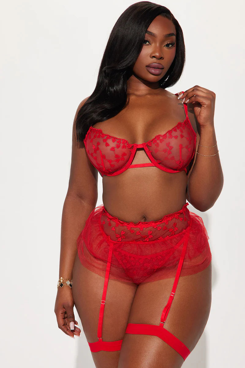 Wild Dreams- 5 Piece Garter Set- Red. Elevate your allure with Mi Amore’s sophisticated garter sets. Perfectly crafted for style and elegance in Trinidad and Tobago. Mi Amore House of Styles