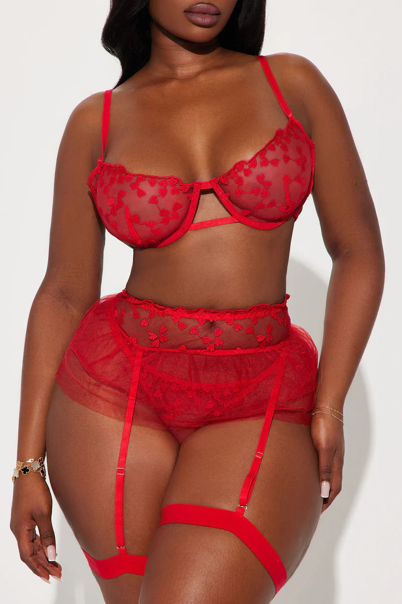 Wild Dreams- 5 Piece Garter Set- Red. Elevate your allure with Mi Amore’s sophisticated garter sets. Perfectly crafted for style and elegance in Trinidad and Tobago. Mi Amore House of Styles