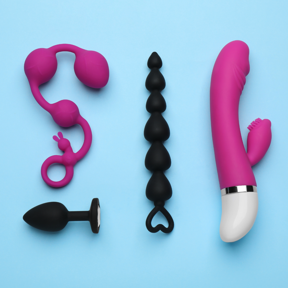 Adult Toys, rabbit, anal plug and blue backgorund/ Discover pleasure products in Trinidad and Tobago from Belle Exotics, including couple toys, lubricants, lingerie, and beginner-friendly adult products.