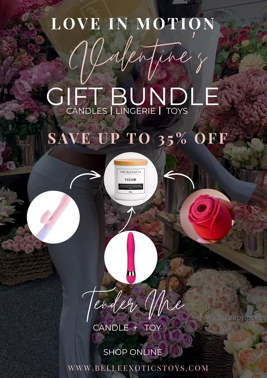 Promotional image for Valentine's Day gift bundle with candles, lingerie, and toys, featuring a woman in lingerie surrounded by flowers.