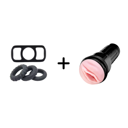 His Solo Play & Endurance Kit- Vibrating Male Stroker + 4 Piece Ring Set- Black