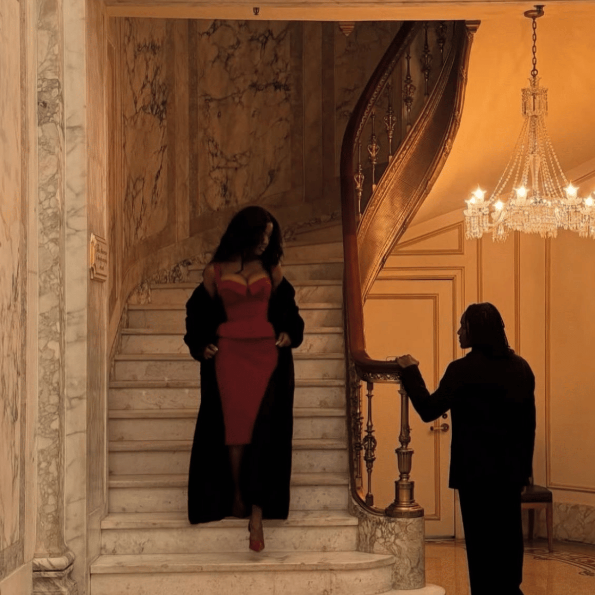 A woman in a red sweetheart-neck dress with a black coat walks down a marble staircase in an elegant interior, while another person in black stands beside the banister.'10% - 25% OFF END OF SEASON SALE' over a dark background with red beaded necklace imagery and store branding text.Belle Exotics is a discreet adult toy and sexual wellness store in Trinidad and Tobago, offering pleasure products, lubricants, lingerie, couple toys, self-love essentials, and intimacy accessories for private online and in-store
