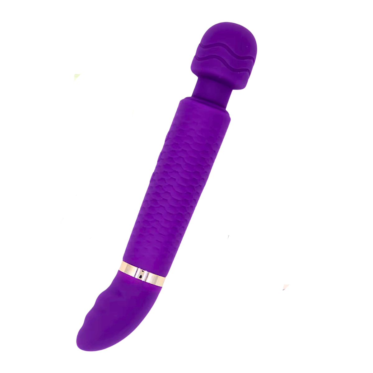 Purple silicone wand with gold band on a white background.Purple handheld massager with insets showing its use on various parts of the body.Belle Exotics Enterprises Limited LILY- VIBRATING WAND- PURPLE
