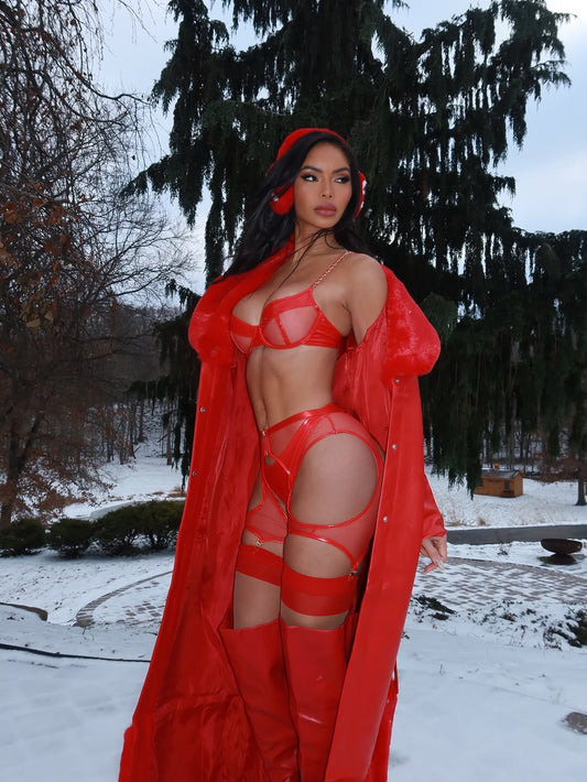 Person wearing a red lingerie outfit in a snowy outdoor setting. Take Me There- 3 Piece Vinyl Mesh Set- Red. Mi Amore House of Styles
Explore Mi Amore’s exquisite lingerie sets. Perfect for every occasion, combining delicate lace and comfort. Shop in Trinidad and Tobago