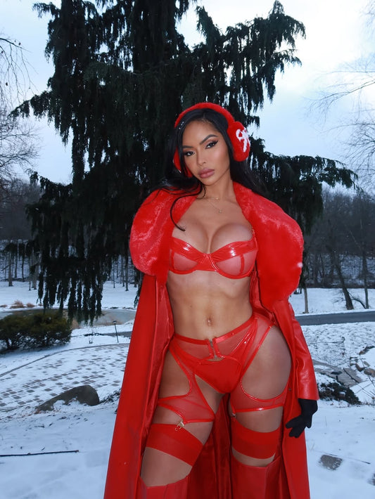 Person wearing a red outfit with a matching coat in a snowy outdoor setting. Take Me There- 3 Piece Vinyl Mesh Set- Red. Mi Amore House of Styles
Explore Mi Amore’s exquisite lingerie sets. Perfect for every occasion, combining delicate lace and comfort. Shop in Trinidad and Tobago