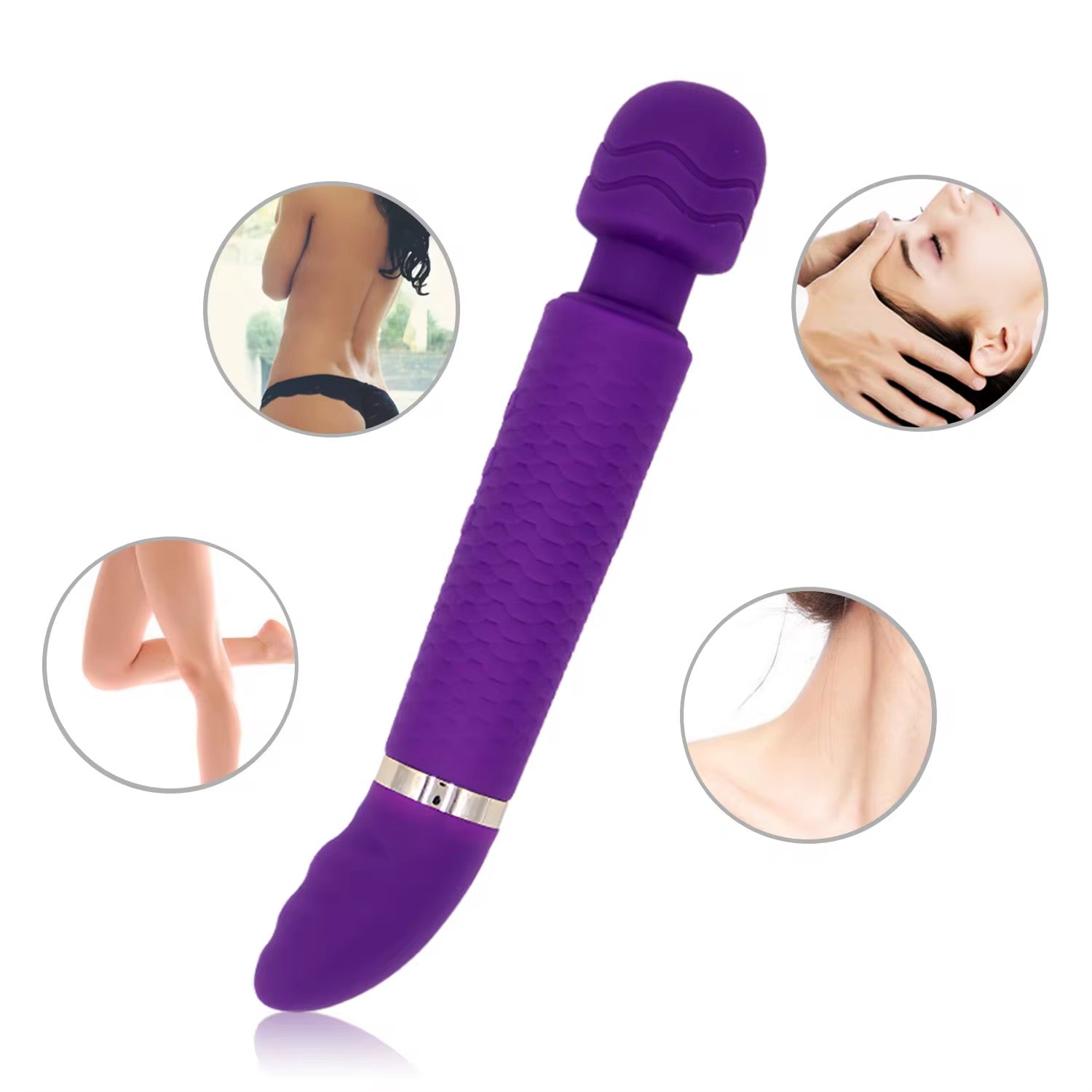 Purple handheld massager with insets showing its use on various parts of the body.Belle Exotics Enterprises Limited LILY- VIBRATING WAND- PURPLE
