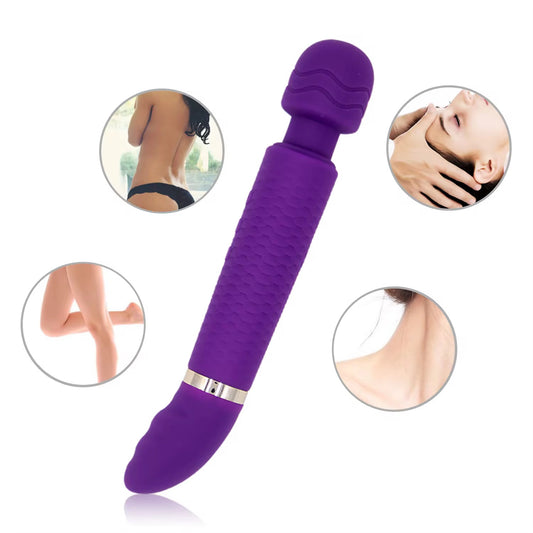 Purple handheld massager with insets showing its use on various parts of the body.Belle Exotics Enterprises Limited LILY- VIBRATING WAND- PURPLE