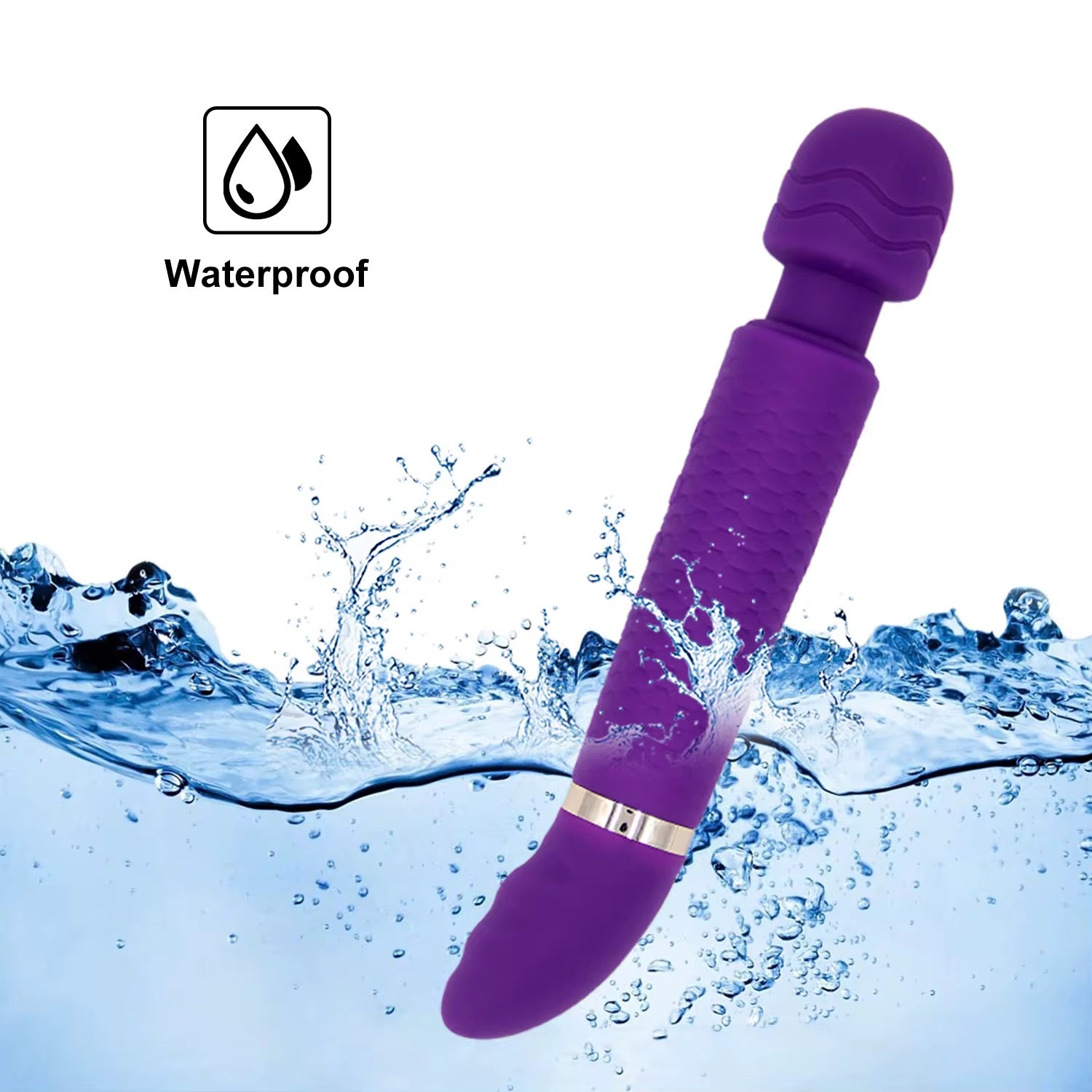 Purple waterproof electronic device with water splashes on a white background. Purple handheld massager with insets showing its use on various parts of the body.Belle Exotics Enterprises Limited LILY- VIBRATING WAND- PURPLE