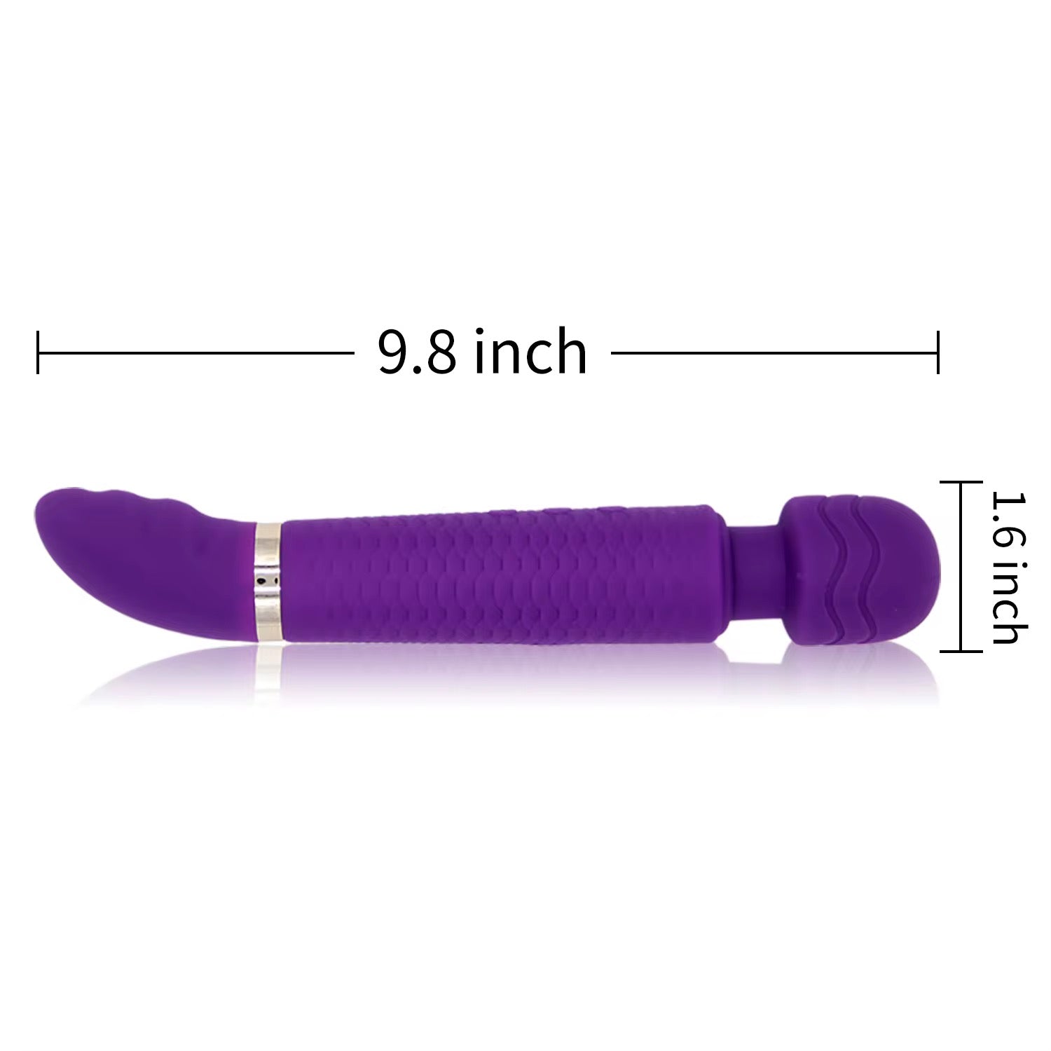 Purple handheld massager with measurements on a white background..Belle Exotics Enterprises Limited LILY- VIBRATING WAND- PURPLE