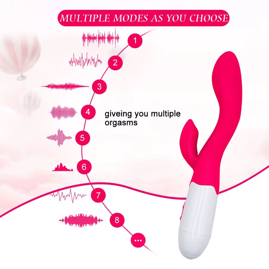 Pink and white sexual product with sound wave graphics and text on a pink background.RIDING SOLO RABBIT VIBRATOR - ROSE- BELLE EXOTICS-TRINIDAD AND TOBAGO-Discover Pleasure and Style with Belle Exotics Vibrator Collection - Empowering Intimacy in Trinidad and Tobago, Jamaica, Barbados, Guyana, Bahamas, USA, and Canada
