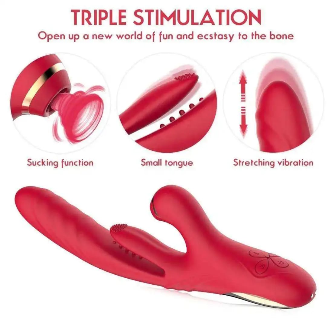 Belle Exotics Enterprises Limited MAJESTIC- 3N1 THRUSTING SUCKING AND VIBRATING RABBIT- RED. Enjoy the convenience of our waterproof and multi-speed vibrator, providing stimulating sensations for both the G-spot and Clitoris.
