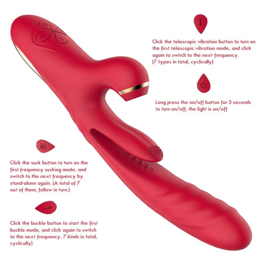 Belle Exotics Enterprises Limited MAJESTIC- 3N1 THRUSTING SUCKING AND VIBRATING RABBIT- RED. Enjoy the convenience of our waterproof and multi-speed vibrator, providing stimulating sensations for both the G-spot and Clitoris.
