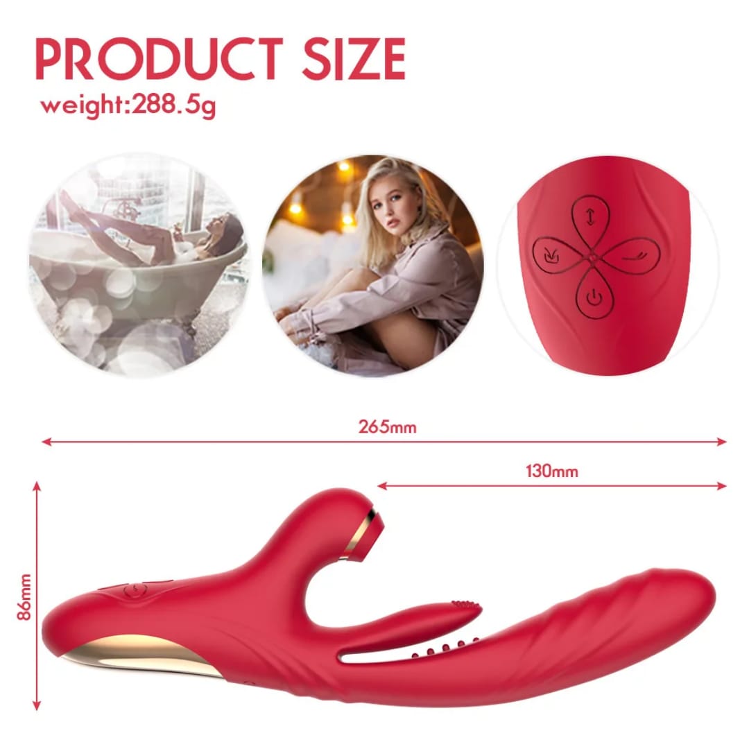 Belle Exotics Enterprises Limited MAJESTIC- 3N1 THRUSTING SUCKING AND VIBRATING RABBIT- RED. Enjoy the convenience of our waterproof and multi-speed vibrator, providing stimulating sensations for both the G-spot and Clitoris.
