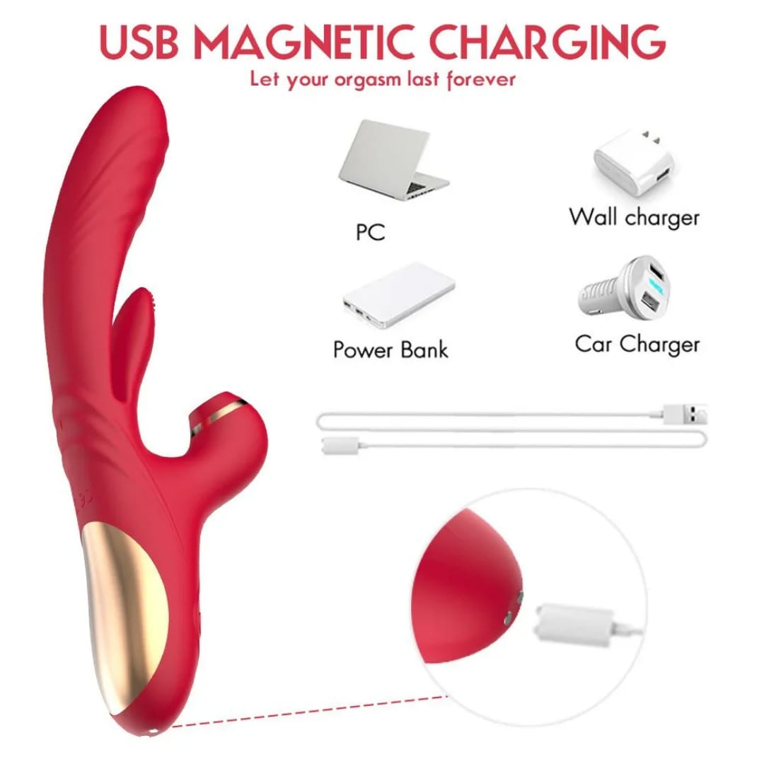 Belle Exotics Enterprises Limited MAJESTIC- 3N1 THRUSTING SUCKING AND VIBRATING RABBIT- RED. Enjoy the convenience of our waterproof and multi-speed vibrator, providing stimulating sensations for both the G-spot and Clitoris.
