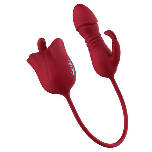 Carnation - 4 in 1 Thrusting & Licking Rose Toy Vibrating Panty- Red
