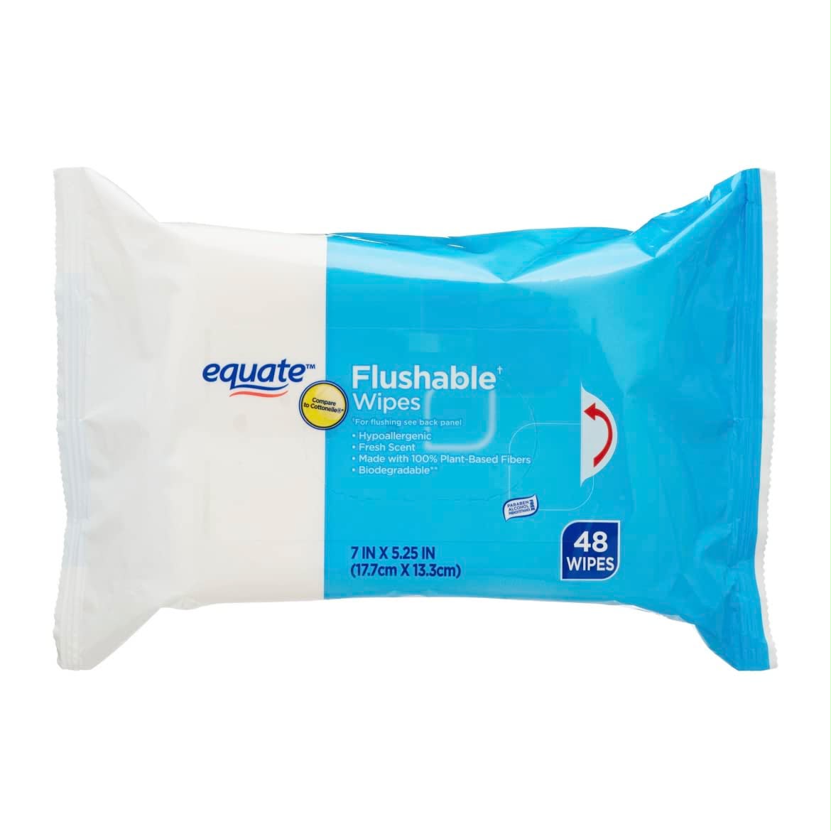 Clean Comfort Flushable Wipes by Equate, 48-count pack of fresh-scented, hypoallergenic wipes made with 100% plant-based fibers.