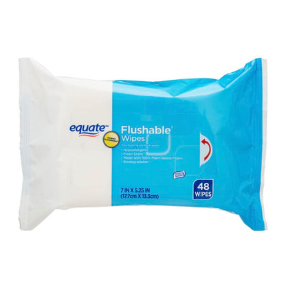 Clean Comfort Flushable Wipes by Equate, 48-count pack of fresh-scented, hypoallergenic wipes made with 100% plant-based fibers.