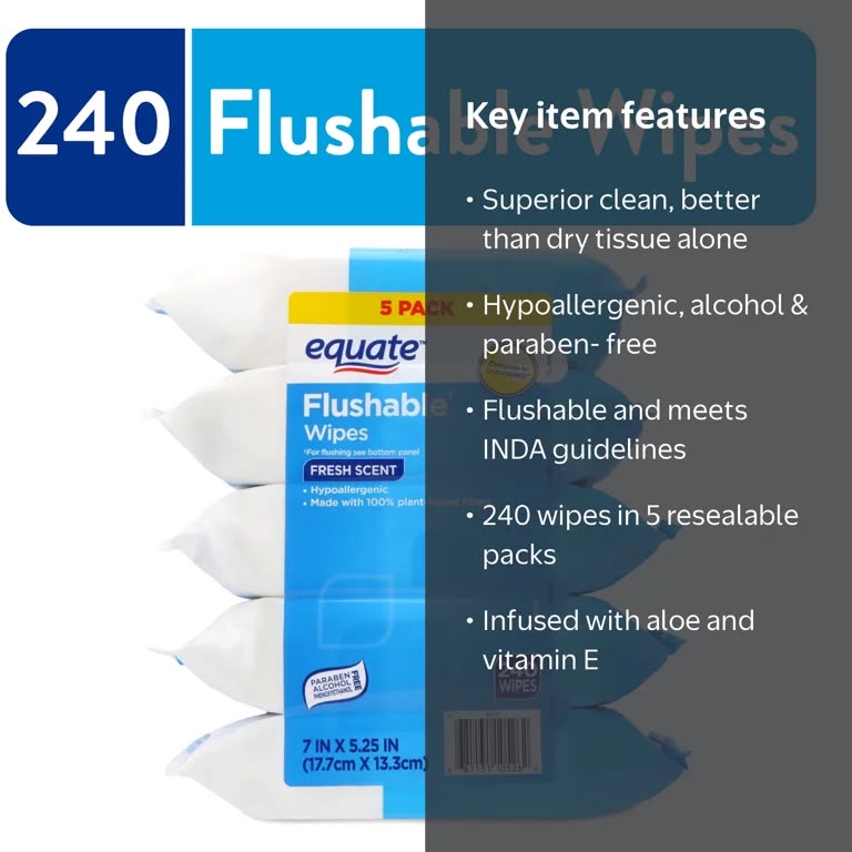 Clean Comfort Flushable Wipes by Equate, 48-count pack of fresh-scented, hypoallergenic wipes made with 100% plant-based fibers.