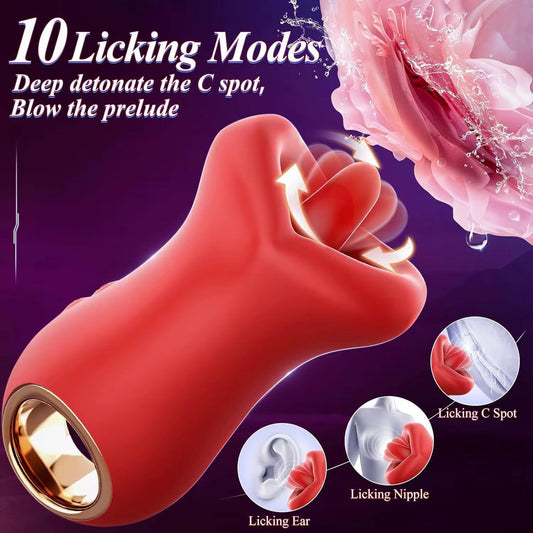 Carnation - 4 in 1 Thrusting & Licking Rose Toy Vibrating Panty- Red