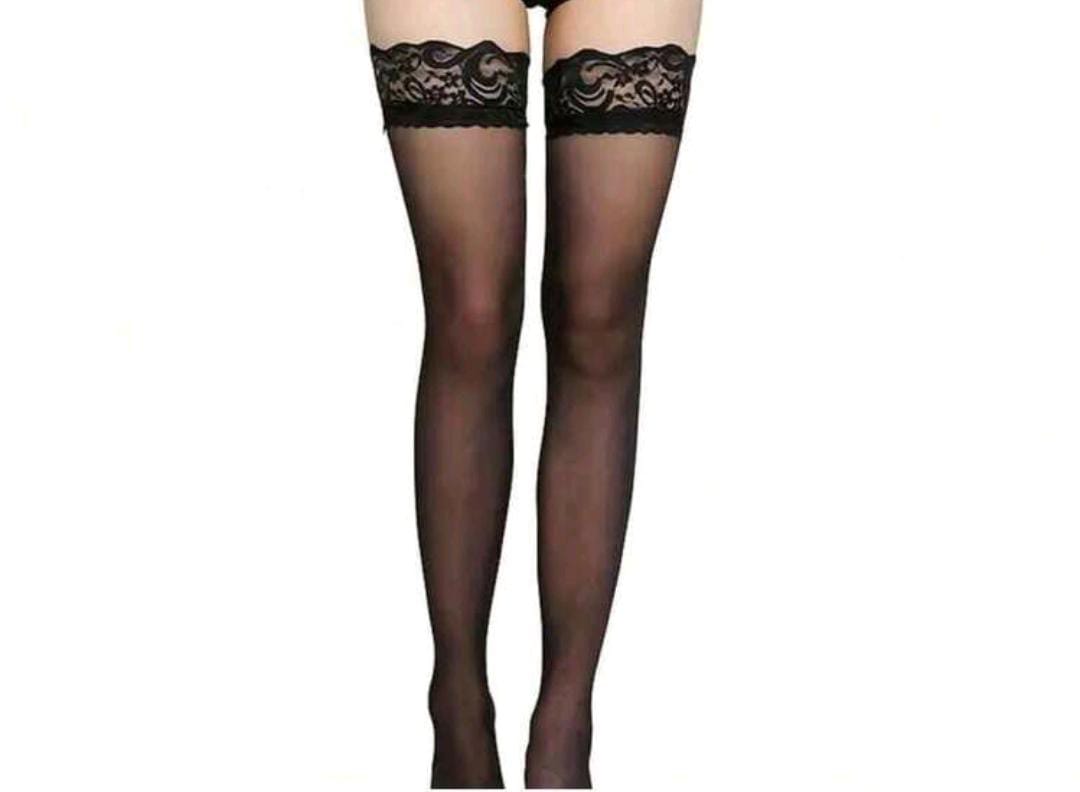 Almost Mine- Thigh-High Lace Stockings- Black.  Mi Amore lingerie stockings adding a touch of allure to your ensemble. Elevate your style with the best lingerie stockings in Trinidad and Tobago, Valsayn North, Marabella.
Mi Amore House of Styles and Belle Exotics.