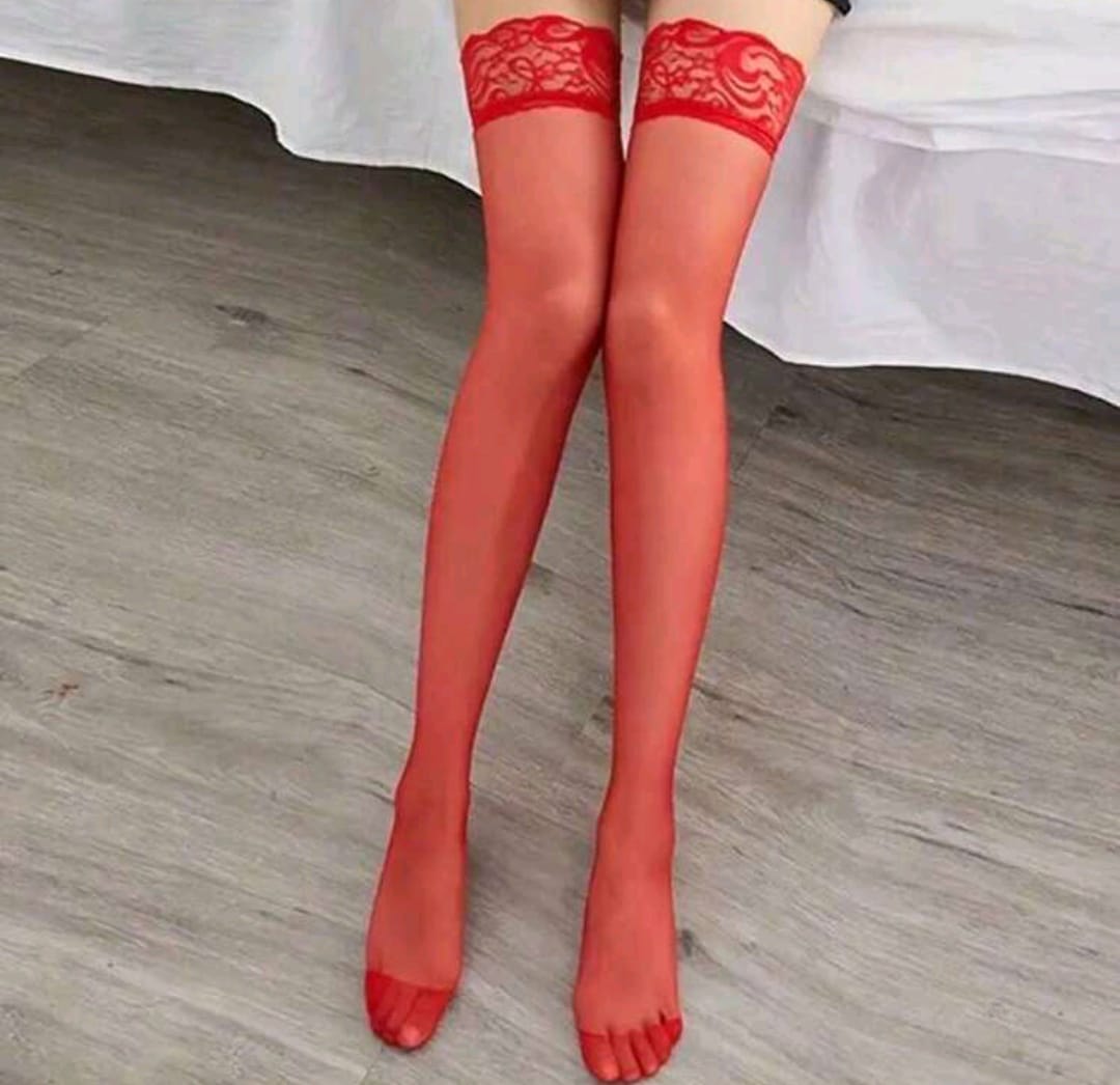 Almost Mine- Thigh-High Lace Stockings- Red.  Mi Amore lingerie stockings adding a touch of allure to your ensemble. Elevate your style with the best lingerie stockings in Trinidad and Tobago, Valsayn North, Marabella.
Mi Amore House of Styles and Belle Exotics.