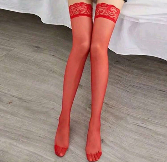 Almost Mine- Thigh-High Lace Stockings- Red.  Mi Amore lingerie stockings adding a touch of allure to your ensemble. Elevate your style with the best lingerie stockings in Trinidad and Tobago, Valsayn North, Marabella.
Mi Amore House of Styles and Belle Exotics.