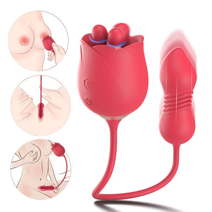 Belle Exotics Enterprises Limited ROUGE- 4 in 1 MASSAGING + THRUSTING ROSE TOY VIBRATOR- RED