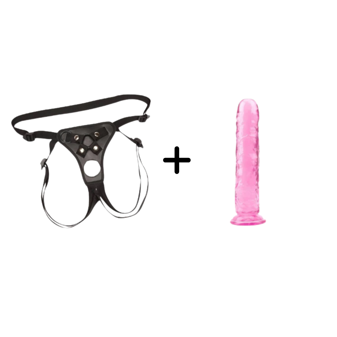 The Dual Entry Kit- Double Hole Strap-on Harness and Soft Jelly Dildo- Medium