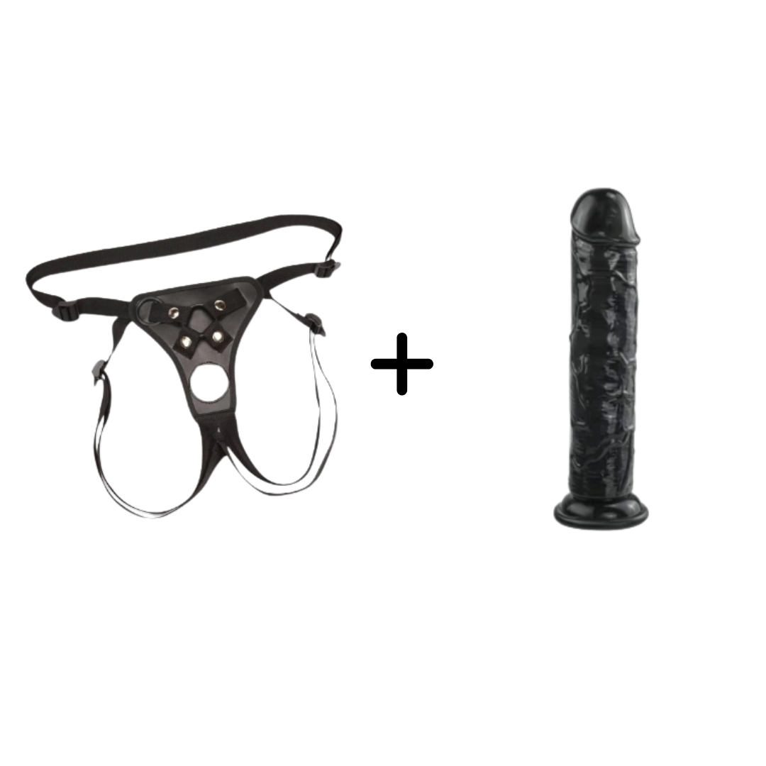 The Dual Entry Kit- Double Hole Strap-on Harness and Soft Jelly Dildo- Medium