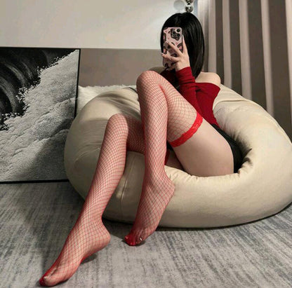 Darling- Thigh-High Fishnet Stockings- Red. Mi Amore lingerie stockings adding a touch of allure to your ensemble. Elevate your style with the best lingerie stockings in Trinidad and Tobago 
Mi Amore House of Styles