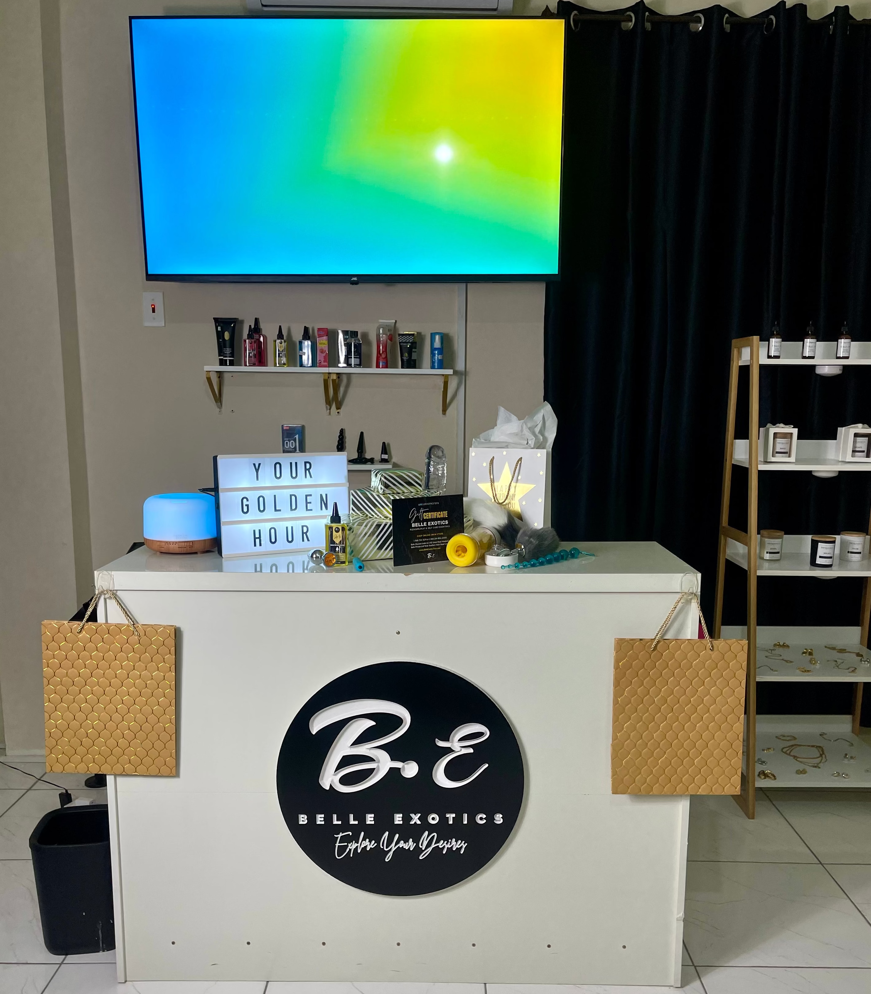 Your Golden Hour campaign by Belle Exotics in Trinidad and Tobago promoting confident exploration, sexual wellness, and guided intimacy in-store at Belle South Marabella and Caroni locations, as well as online shopping.